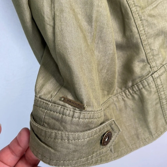 TAHARI Olive Green Lyocell Utility Jacket Button Snap Closure Lightweight Size L - Picture 8 of 14